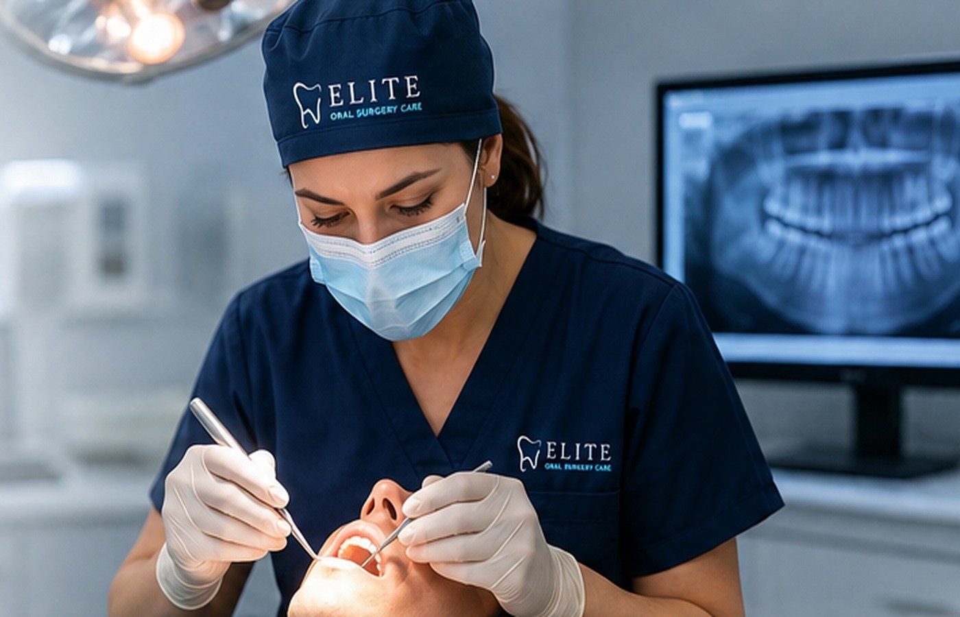 Oral surgeon providing care in a modern dental setting